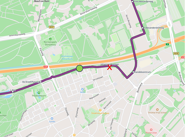 Plattegrond met locatie nieuwe halte Johannes Postlaan voorstel op de Dijnselburgerlaan