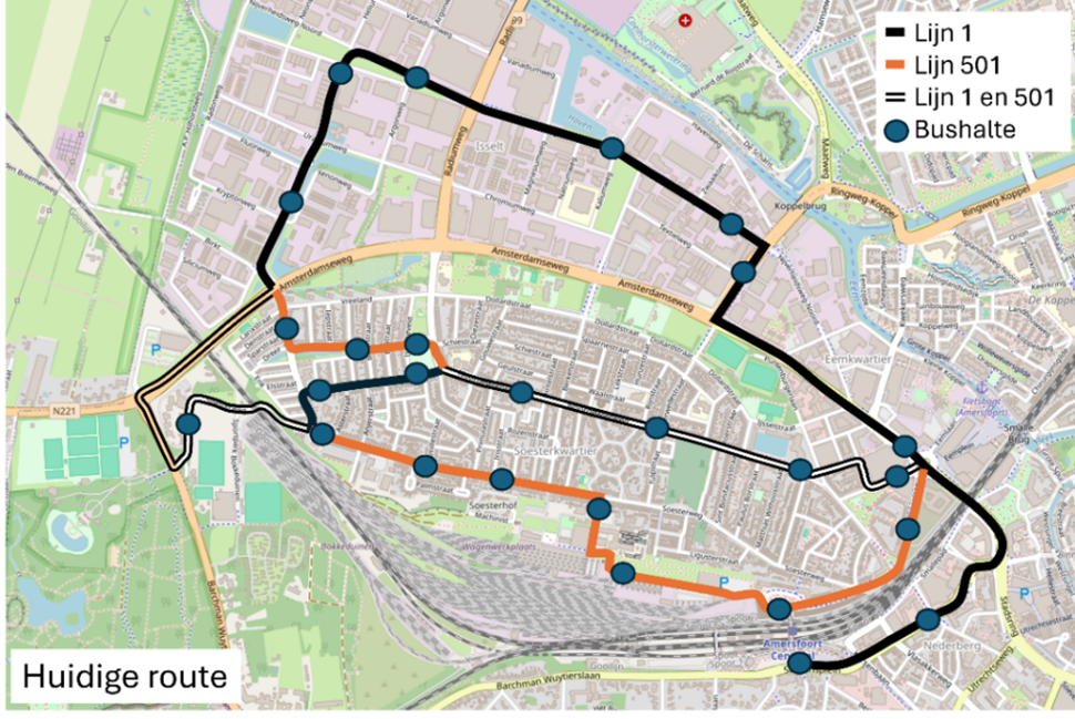 platttegrond huidige route lijn 1 en lijn 501
