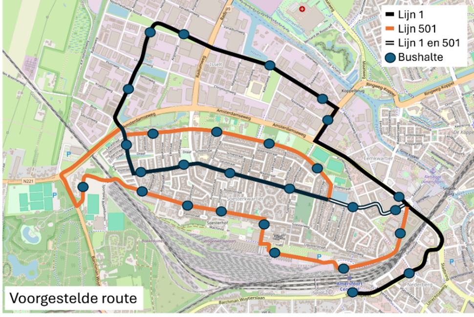 Plattegrond voorsgestelde route lijn 1 en lijn 501