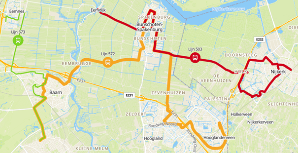 platttegrond huidige route lijn 503 en lijn 572